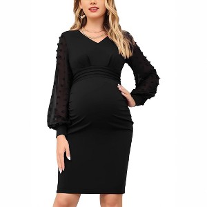 Maternity Dress Women V Neck Mesh Panel Long Sleeve Bodycon Dress - 1 of 3