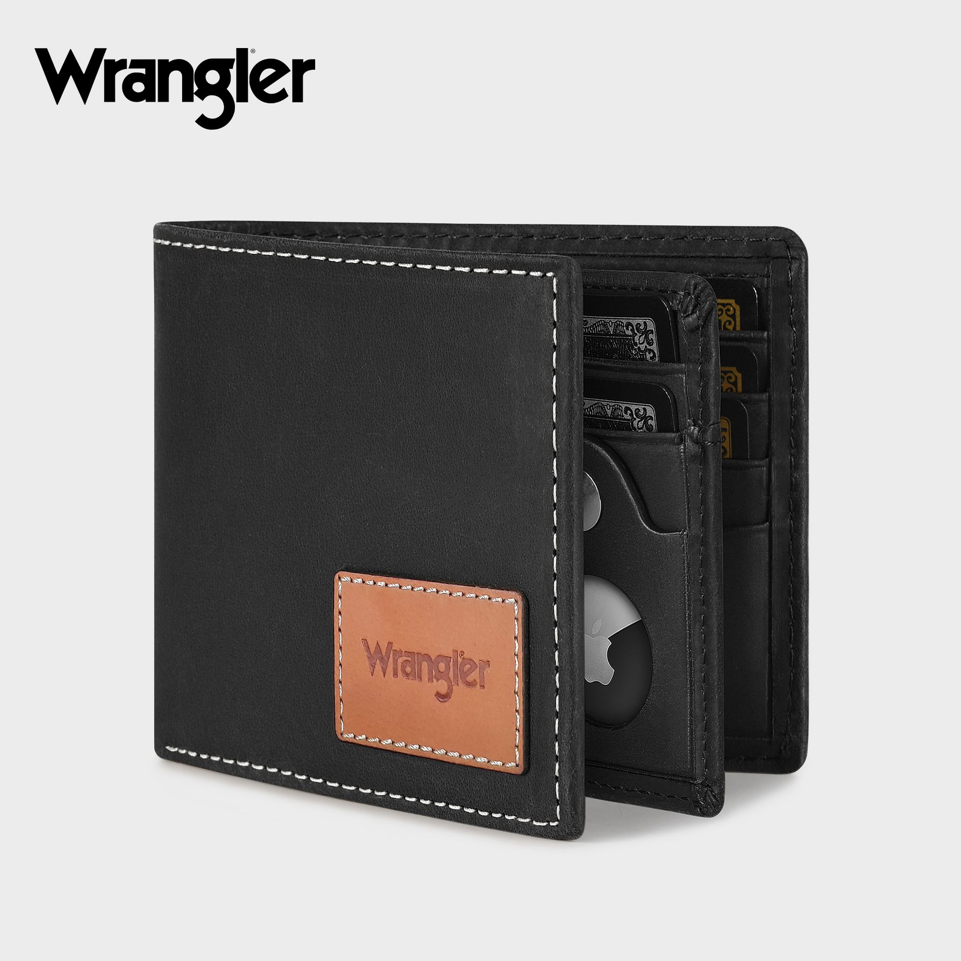 Wrangler Mens' RFID Blocking Genuine Leather Trifold Wallet Slim Design Apple AirTag Holder Window in Gift Box, Valentine’s Gift for Men