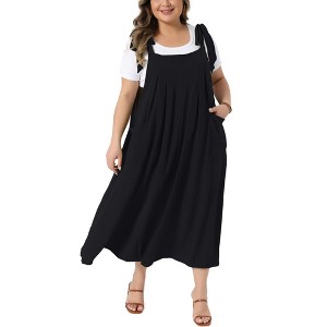 Women's Plus Size Tie Shoulder Strap Pleated Jumper Pinafore Casual Overall Dresses with Pockets - Agnes Orinda - 1 of 4