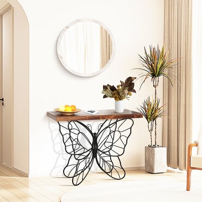 Dark Maple & Black Metal Butterfly Accent Console Table with Storage