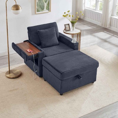 Single Sofa with Storage Ottoman, Multi-Functional Sofa with USB and Foldable Side Table, Corduroy Lazy Sofa with Wood Frame-Coolbibila