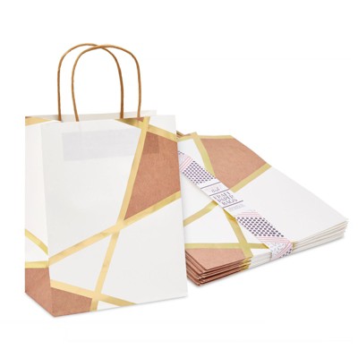 Sparkle and Bash 15 Pack White, Brown and Gold Foil Geometric Gift Bags with Handles (8x10 In)