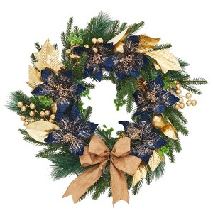 COZONY 24 Inch Pre-Lit Christmas Wreath with Bows, Gold Leaves & Ball Ornaments, Blue Artificial Flowers for Front Door Window Wall Decor - 1 of 4