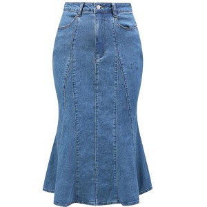 INSPIRE CHIC Women's High Waist Fishtail Ruffle Denim Jean Skirt - 1 of 4