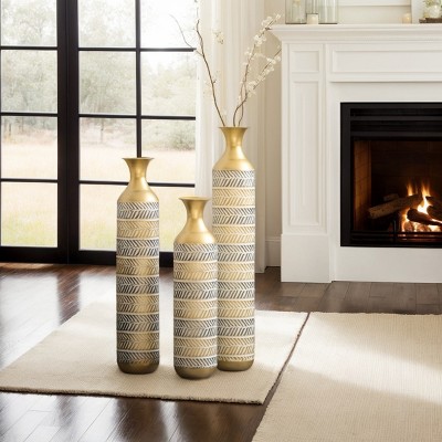 FURNIinspire Decorative Vases 24/28.7/33.5 Inch Living Room Large Metal Glazed Vase 3pcs Vintage Flower Vase Home Decor, Gold, 5.7"*5.7"*33.5"