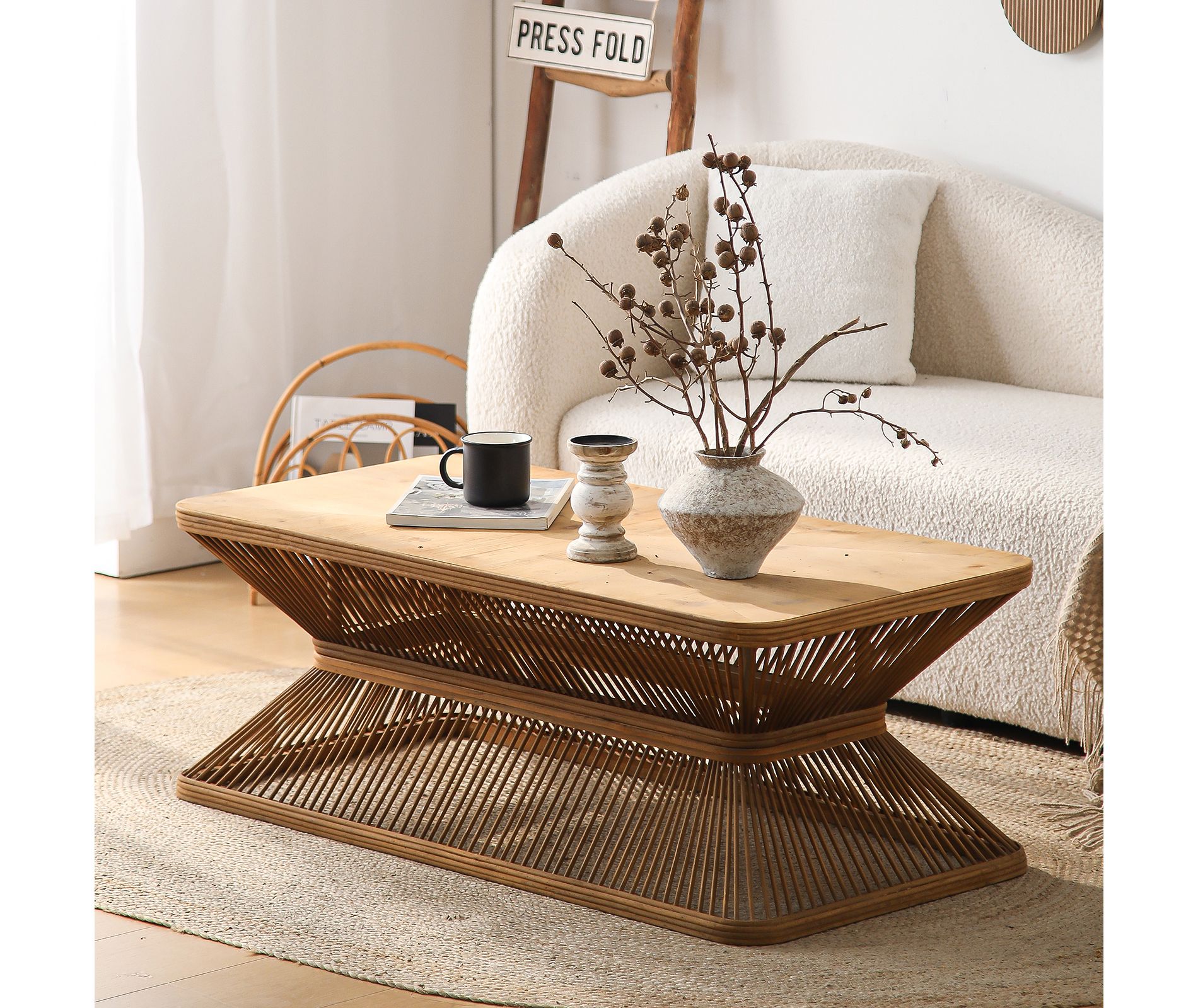 ORRD 43" Mid-Century Modern Coffee Table with Woven Bamboo Base, Boho Rustic Wood Cocktail Table for Living Room