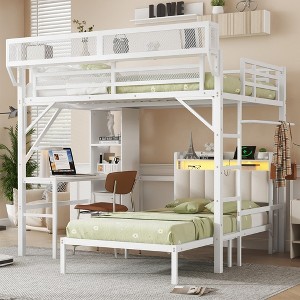Full over Twin Bunk Bed with Desk & Bookshelves & LED & Usb Port Design,Detachable/Easy Assembly/No Box Spring Needed - 1 of 4