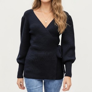 Anna-Kaci Women’s Knit Wrap Top with Long Sleeves, Textured Ribbed Fabric and Side Tie Detail Creating a Feminine Silhouette - 1 of 4