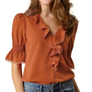INSPIRE CHIC Women's Ruffle V Neck Puff Sleeve Summer Casual Chiffon Peasant Top - 1 of 4