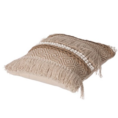Natural Handwoven Cotton Throw Pillow with Fringed Pattern