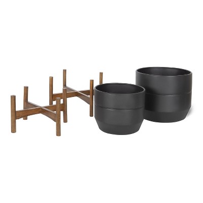 Dolbry Mid-Century Black and Walnut Freestanding Metal Planter Set