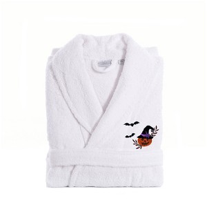 Linum Home Textiles 100% Turkish Cotton Unisex Terry Embroidered Bath Robe - Pumpkin Head - 1 of 4