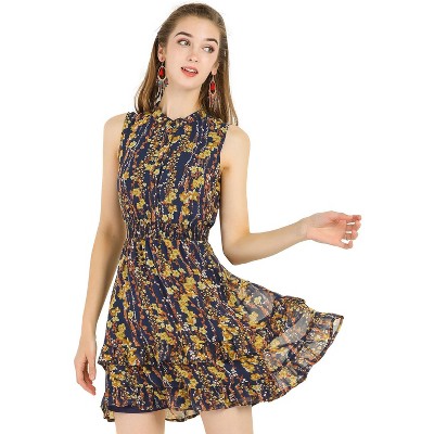 Allegra K Women's Regular Fit Floral A-line Smocked Waist Tiered Ruffled  Chiffon Mini Dress Navy Blue Large : Target