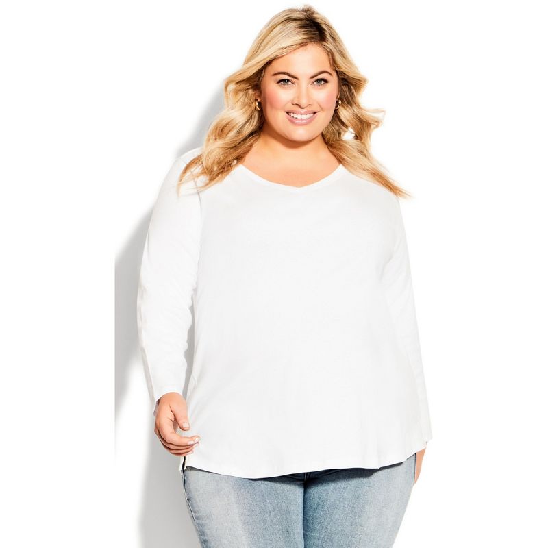 Women's Plus Size V Neck Essential 3/4 Sleeve Tee - white | AVENUE, 1 of 4