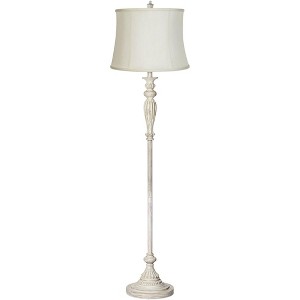 360 Lighting Vintage Shabby Chic Floor Lamp 60" Tall Antique White Washed Creme Fabric Drum Shade for Living Room Reading Bedroom Office - 1 of 4