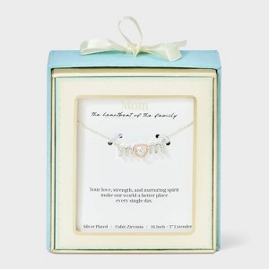 Silver Plated Cubic Zirconia "Mom" Necklace - Silver - 1 of 4