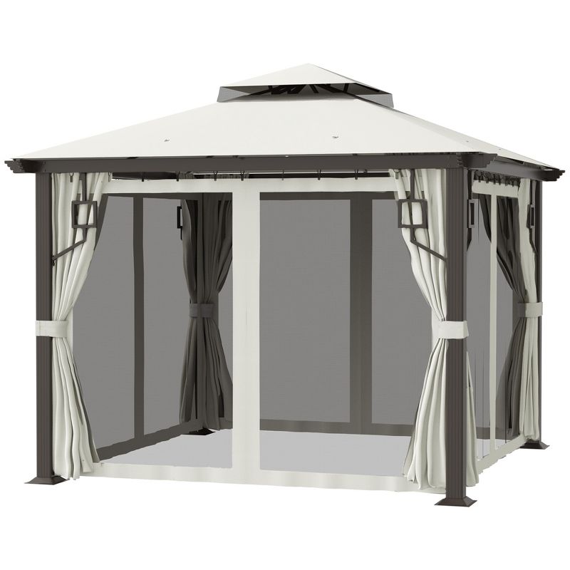 Outsunny 10' x 10' Patio Gazebo Outdoor Canopy Shelter with Aluminum Frame, Double Tier Roof, Netting and Curtains for Garden, Lawn, Cream White, 4 of 7