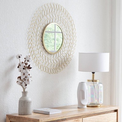 Gold Leaf Round Metal Framed Wall Mirror, 28"