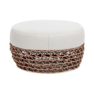 Maliang 25" Round Upholstered Woven Patio Ottoman, Golden Brown Wicker Frame, Wheat Beige On-Site - 1 of 4