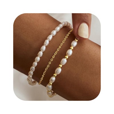Turandoss 18K Gold Beaded Bracelets for Women Girls, Pearl Bead Bracelet for Kids, Link Chain Bridesmaid Bracelet, Christmas Gifts for Women Girls