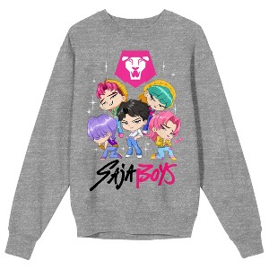 KPop Demon Hunters Saja Boys Kawaii Chibi Characters Adult Heather Gray Crew Neck Sweatshirt - 1 of 2
