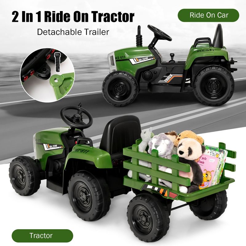 Costway 12V Kids Ride On Tractor with Trailer Ground Loader w/ RC & Lights Red\Pink\Green, 5 of 11