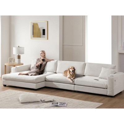 134"W Oversized Corduroy Sectional Sofa, L Shaped Sofa Couch with USB Charging Port, Cup Holder 4B -ModernLuxe