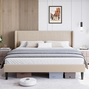 Upholstered Bed Frame With Wingback Headboard-Velvet Platform-Wood Slats-No Box Spring Needed-Easy Assembly-Beige - 1 of 4