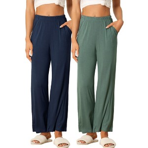 INSPIRE CHIC Women's Cotton Stretchy Elastic Waist Straight Wide-Leg Pajama Pants with Pockets - 1 of 4