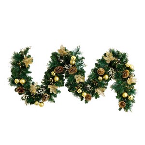 Nearly Natural 9' Pre-Lit Artificial Golden Frosted Christmas Garland with Pinecones Berries and Ornaments - 1 of 4
