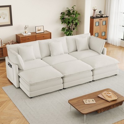149.6" Modern Sofa Modular Sofa Couch Upholstered Corduroy L-Shape Sectional Sofa with Side Storage Pockets for Living Room, Beige