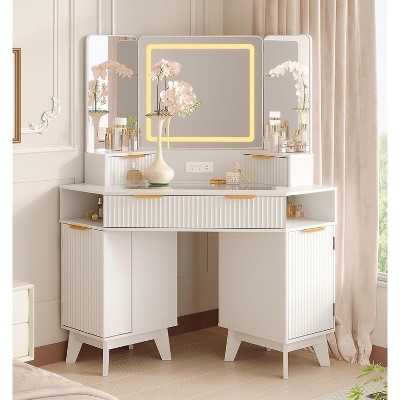 Makeup Vanity with 3 Way Mirror and Light,48" Vanity Desk with 3 Drawers,2 Cabinets & Shelf