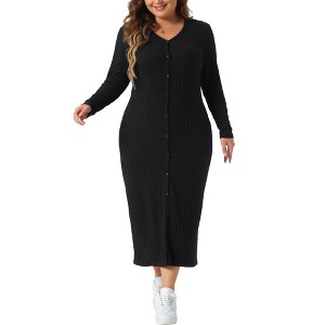 Agnes Orinda Women's Plus Size V Neck Long Sleeve Button Down Ribbed Knit Bodycon Midi Sweater Dresses - 1 of 4
