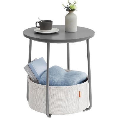 Small Round Side End Table, Modern Nightstand with Fabric Basket