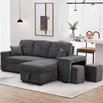 95" Pull Out Sleeper Sofa, Reversible L-Shape Sectional Couch with Storage Chaise and 2 Stools-ModernLuxe