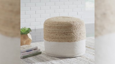 Contemporary Braided Jute and Cotton Pouf in Brown/White