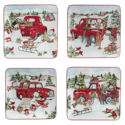 Set of 4 Red Truck Snowman Dining Dessert Plates - Certified International