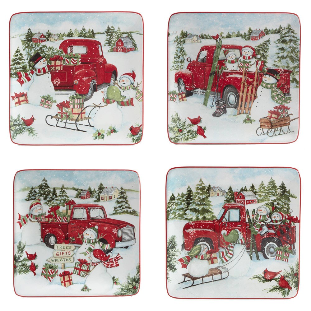 Photos - Other kitchen utensils Certified International Set of 4 Red Truck Snowman Dining Dessert Plates  