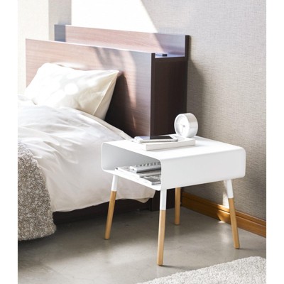 White Short Steel and Wood Side Table with Storage Shelf