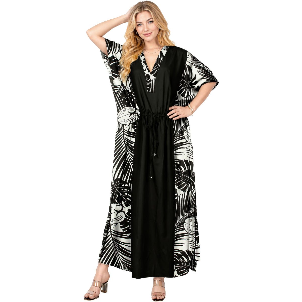 LA LEELA Summer Rayon Blend Women Caftan Dress Resortwear Vacation Holiday Cruise Pregnancy Wear Relaxed Fit Travel Style 2X-3X Black Tie Dye