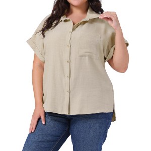 Agnes Orinda Women's Plus Size Twill Hign Low Hem Collared Short Sleeve Casual Shirts - 1 of 4