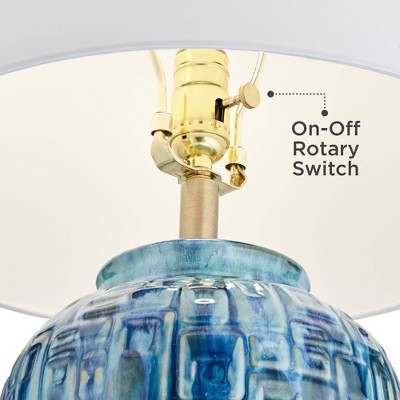 Handcrafted Teal Ceramic Temple Jar Lamp with White Empire Shade