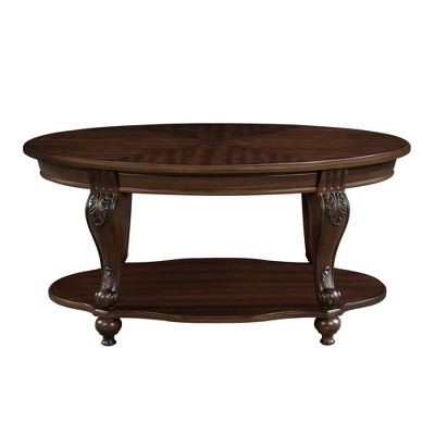 NicBex Modern 42" Oval Wood Coffee Table with Open Storage Shelf and Floral Carving Legs for Living Room