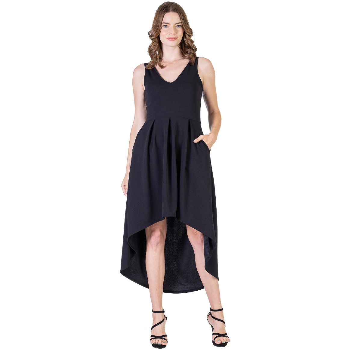 Womens Sleeveless V-Neck High Low Pleated Fit N Flare Pocket Midi Dress - 24seven Comfort Apparel™