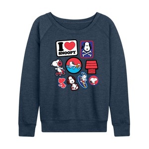 Women's - Peanuts - I Heart Snoopy Patches Lightweight French Terry Wide Neck Long Sleeve Shirt - 1 of 4