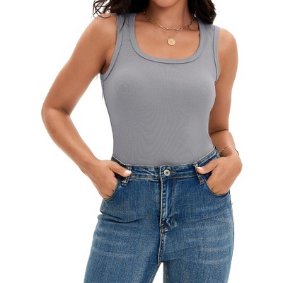 ATHLECHIC Women's Scoop Neck Ribbed Wide Strap Sleeveless Workout Basic Sport Tank Tops
