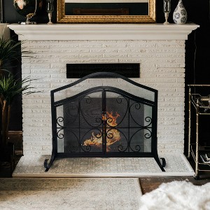 KWPZQEB 43" W Fireplace Screen, Iron Panel Fire Place Cover with 2 Doors & Mesh Design, Spark Guard Cover with Symmetric Scroll Fire for Indoor, Black - 1 of 4