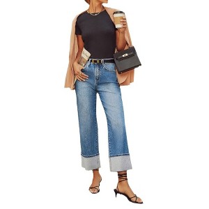 KOJOOIN Women's Stretch Straight Leg Jeans High Waisted Vintage Denim Pants with Roll-Up Hem Comfort Fit Jeans - 1 of 4