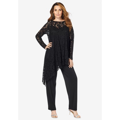 Roaman's Women's Plus Size Lace Asymmetric Tunic & Pant Set, 16 W - Black :  Target