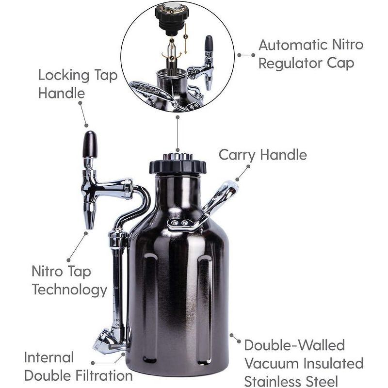 GrowlerWerks uKeg Nitro Cold Brew Coffee Maker 50oz Pressurized Mini Keg With Filters, Insulated Stainless Steel, Brew In Bottle, Black Chrome, 3 of 7